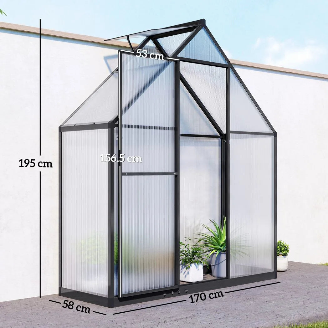 Outsunny 5.5 x 2ft Polycarbonate Walk-In Greenhouse with Push Door, Roof Vent & Rain Gutter – Quick Setup, Black