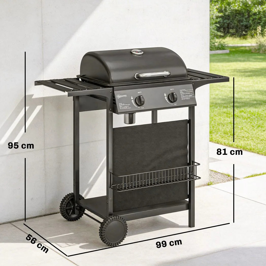 Outsunny 2-Burner Gas BBQ Grill – 2 x 2.5kW Burners with Side Tables, Warming Rack, Thermometer and Grease Tray, Black