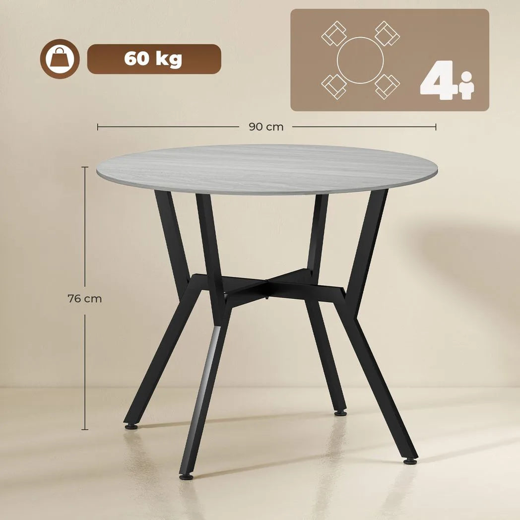 HOMCOM Round Dining Table for 4 with Metal Frame and Anti-Slip Foot Pads, 90cm – Space-Saving Kitchen Table, Grey