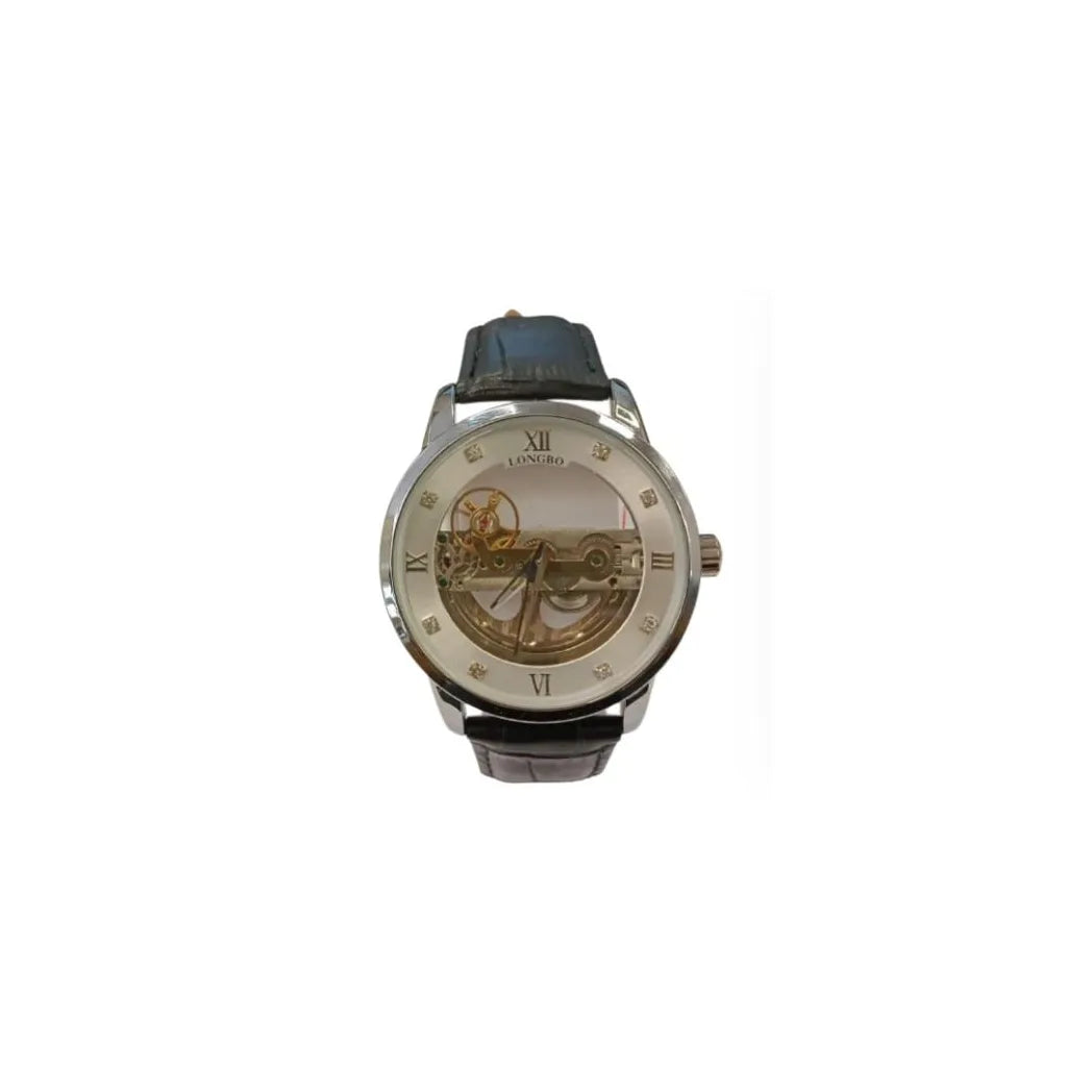 NY London Mens Automatic Dial Analogue Silver/Black Leather Strap Watch