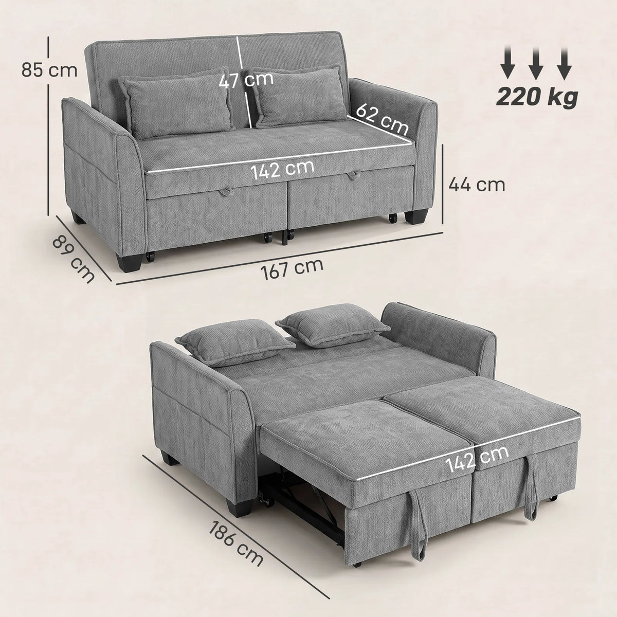 HOMCOM 2 Seater 4-in-1 Convertible Sofa Bed with Dual Pull-Out Beds and Side Pockets – Chenille, Grey
