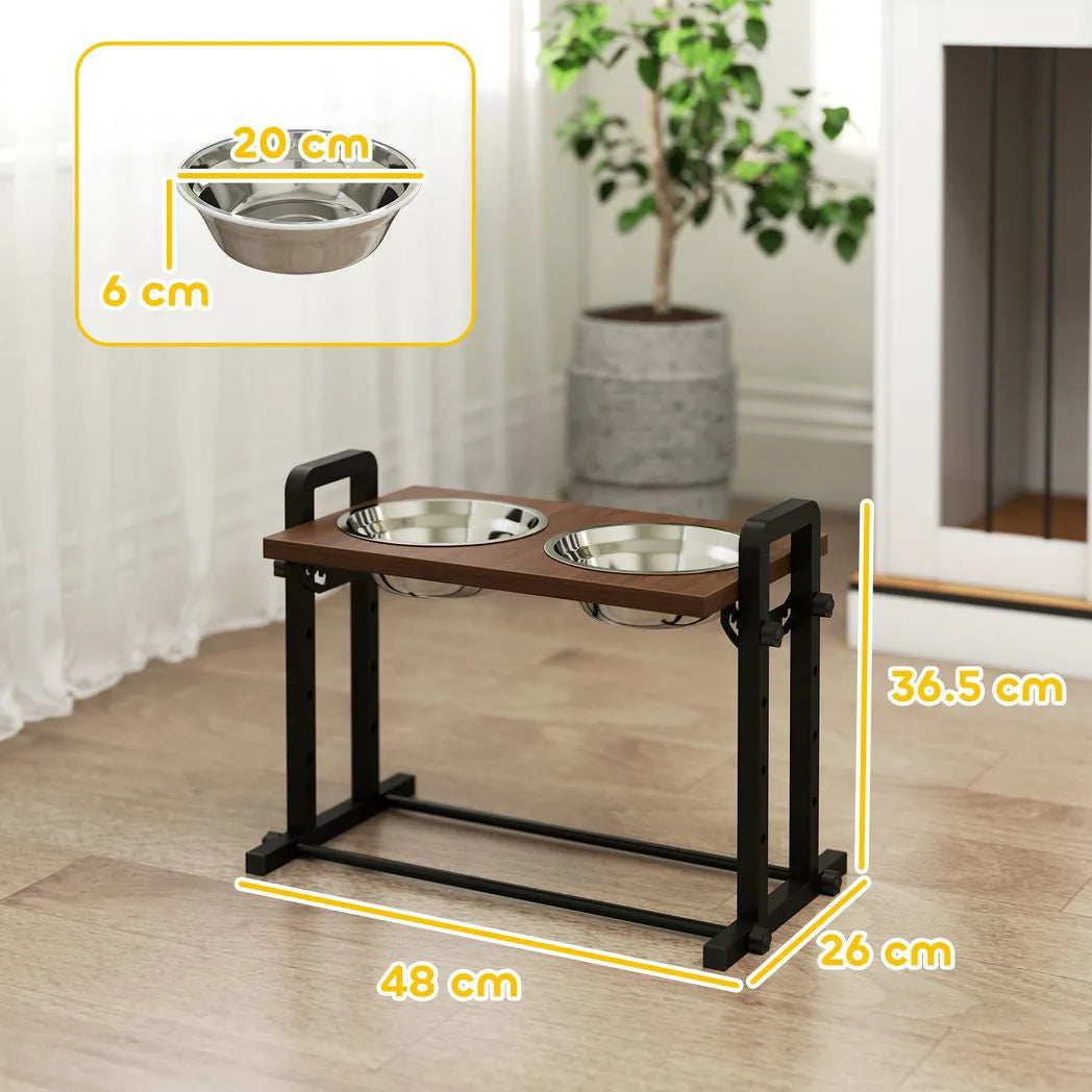 PawHut Raised Dog Bowls with Stand, 4 Adjustable Heights & 3 Angles, 2 x 1.2L Stainless Steel Feeder, Brown
