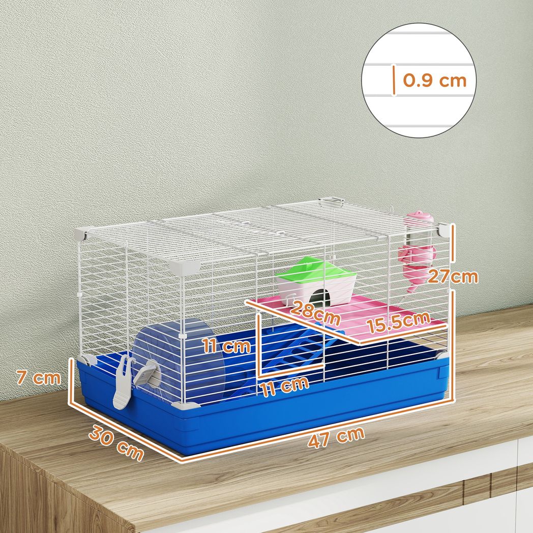 PawHut 2-Tier Portable Hamster Cage Starter Kit with Handle, Exercise Wheel, Water Bottle & Dishes – Blue