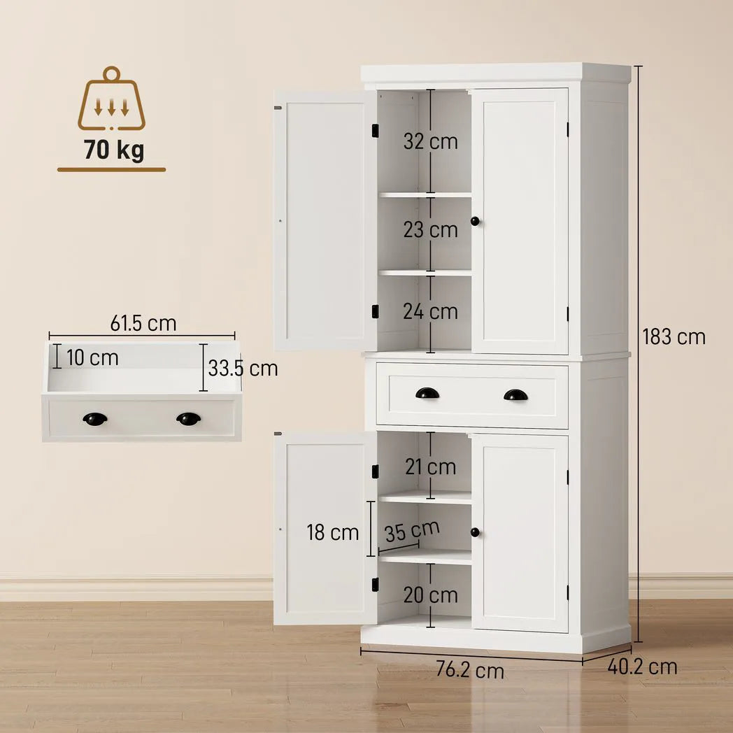 HOMCOM 183 cm Tall Kitchen Cupboard with Drawer, 4 Doors and Adjustable Shelves – Farmhouse White