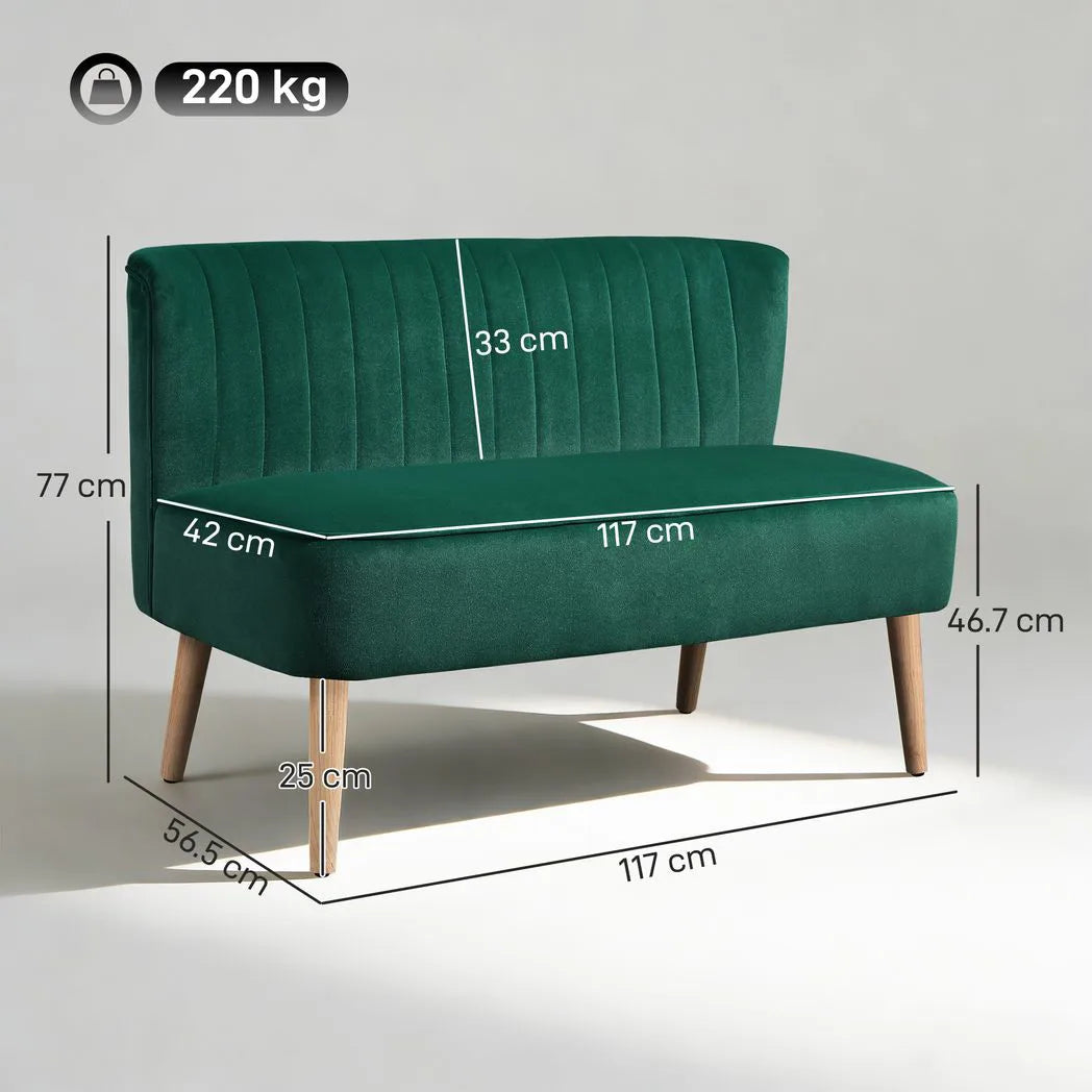 HOMCOM 117cm Small 2 Seater Loveseat Sofa with Thick Padded Seat & Rubberwood Legs – Velvet-Feel, Dark Green