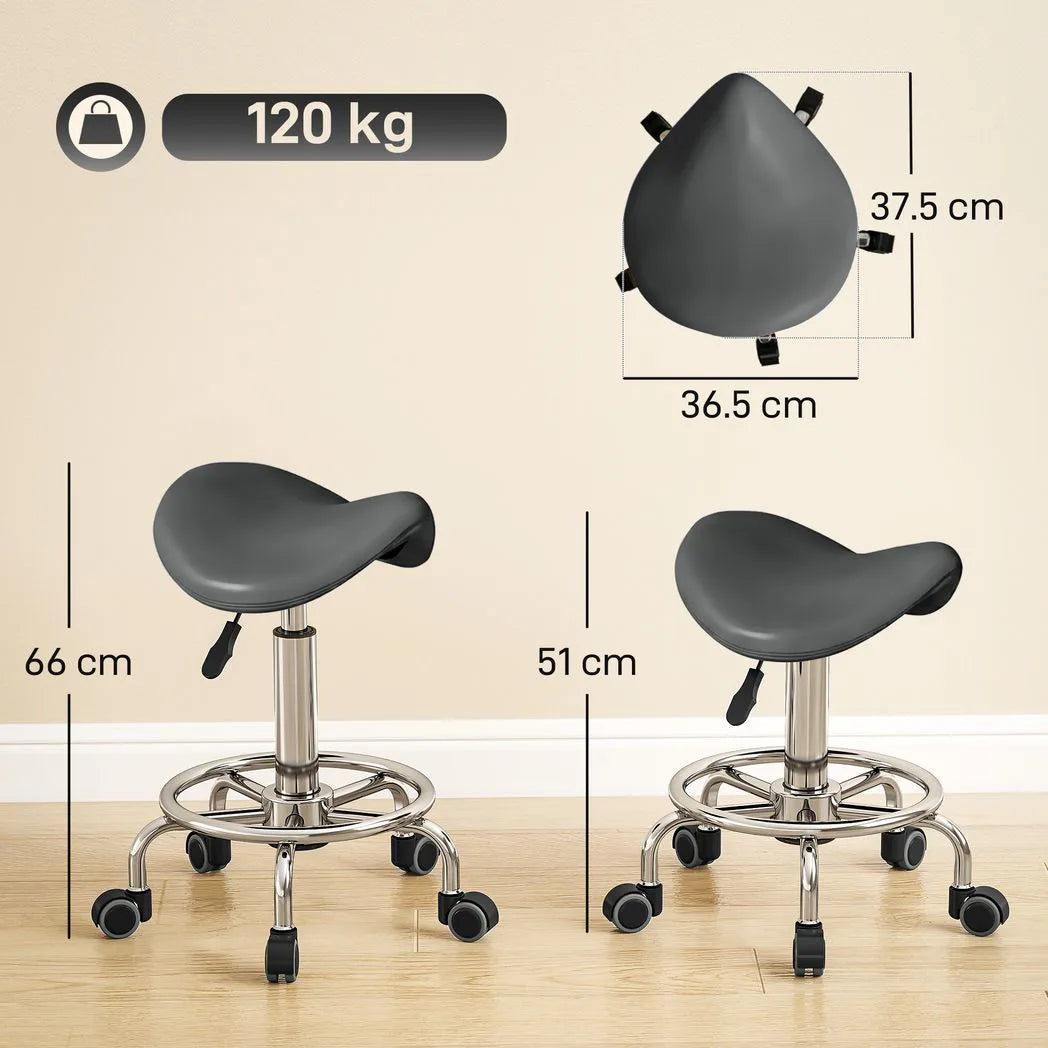 HOMCOM Salon Saddle Stool with Adjustable Height & Swivel Wheels – Massage, Spa & Beauty Chair, Grey