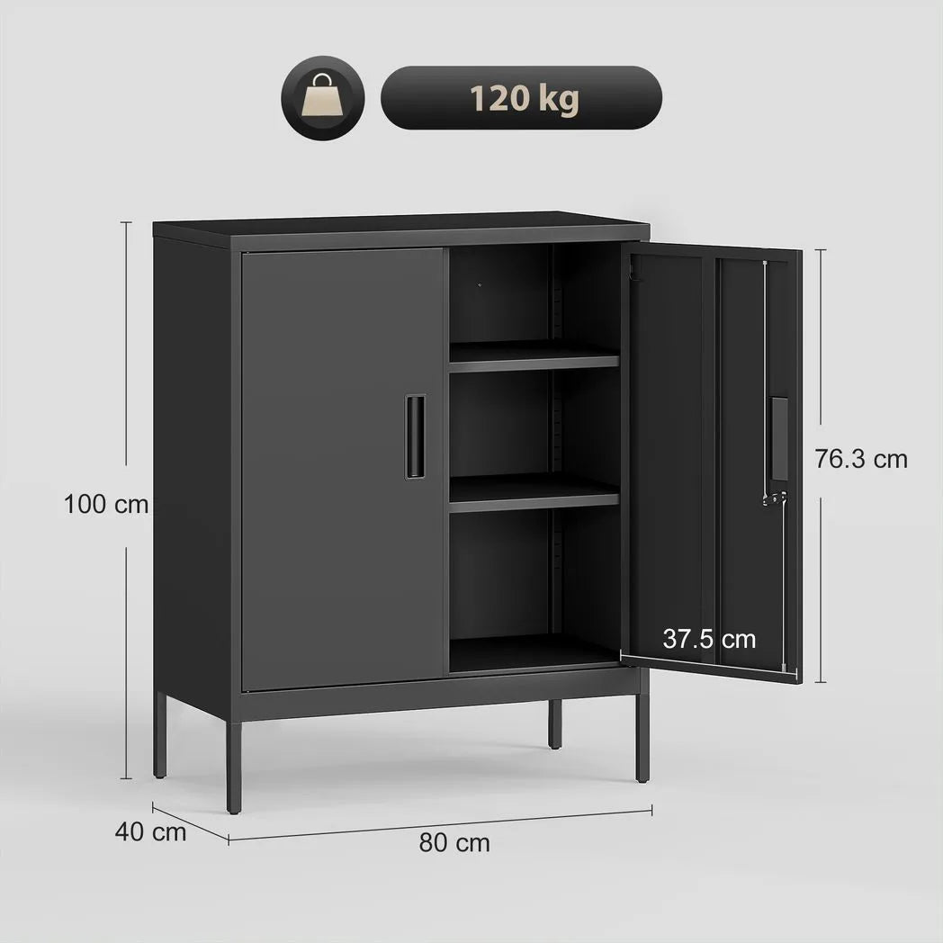 HOMCOM Metal Storage Cabinet with Lock and 2 Adjustable Shelves – Garage and Office Storage, Black
