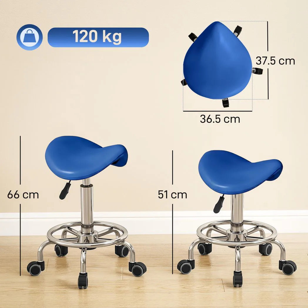 HOMCOM Salon Saddle Stool, Adjustable 51–66cm – Rolling Chair for Massage, Spa, Beauty and Hairdressing, Blue
