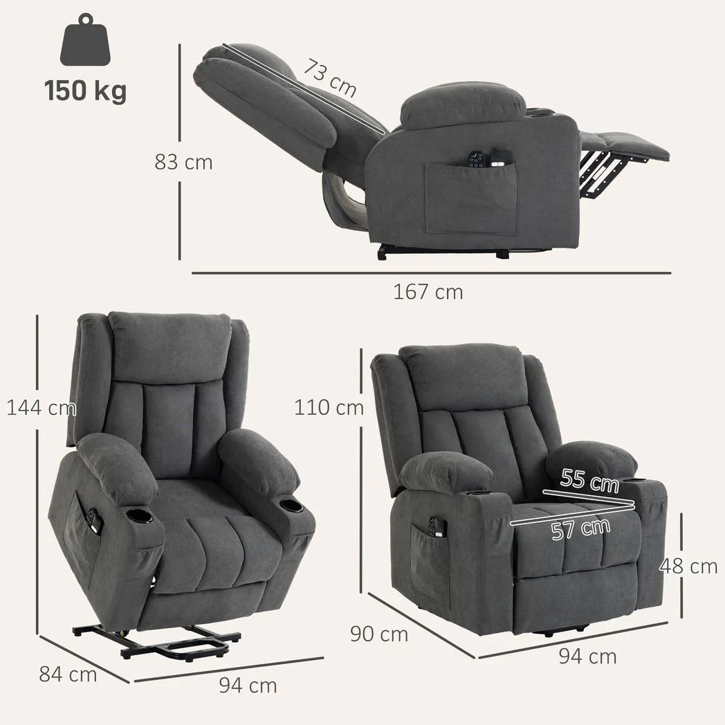 HOMCOM Dual Motor Electric Riser Recliner Chair with Massage & Heat – 55° Lift Chair for Elderly, Dark Grey