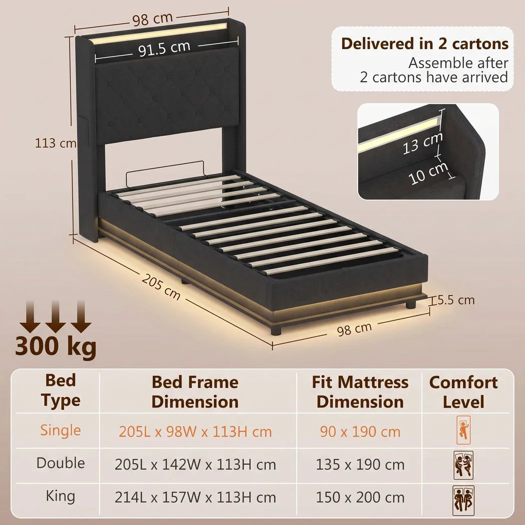 HOMCOM 3ft Single Ottoman Bed Frame with Hydraulic Storage, LED Lights, Charging Station and Headboard – Black