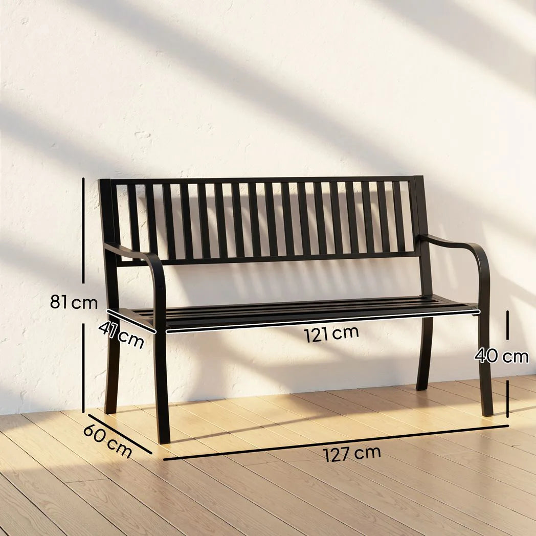 Outsunny Metal Garden Bench Loveseat with Slatted Seat & Curved Armrests – 2-Seater Outdoor Bench, Black