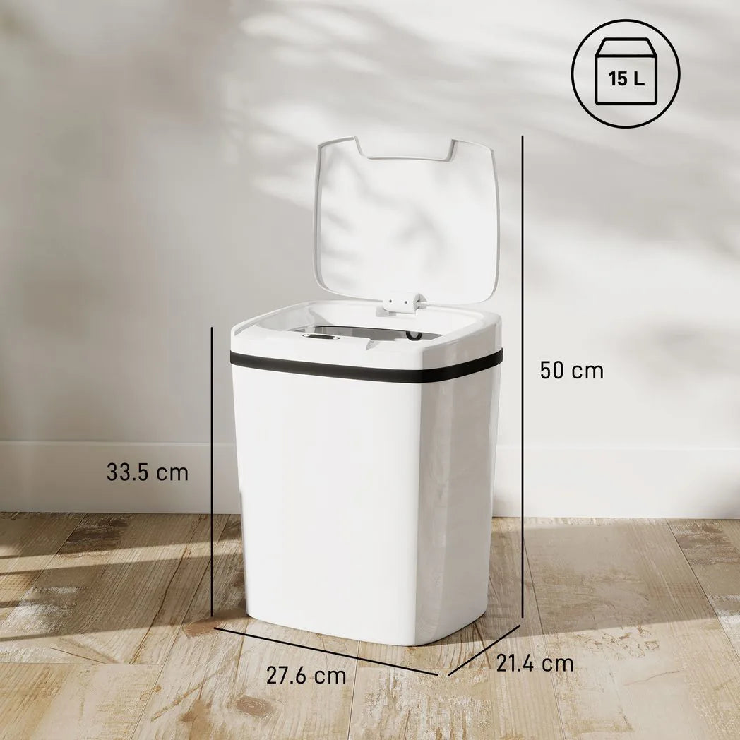 HOMCOM 15L Automatic Sensor Bin with Touchless and Manual Modes – Battery Operated Kitchen Bin, White
