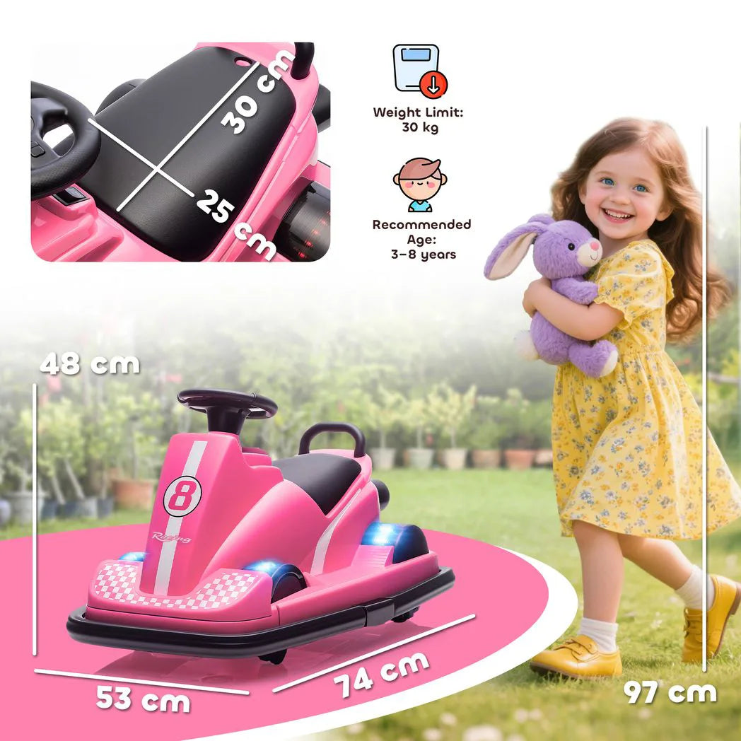 AIYAPLAY Kids Electric Bumper Car with 360° Spin, LED Lights and Music – Ride On Waltzer for Ages 3-8, Pink