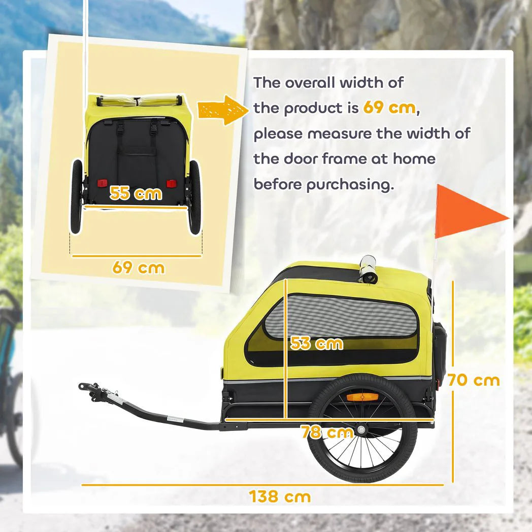 PawHut Dog Bike Trailer with Flip-Down Ramp Tailgate, Quick-Release Frame, Universal Coupler and Reflectors – Yellow