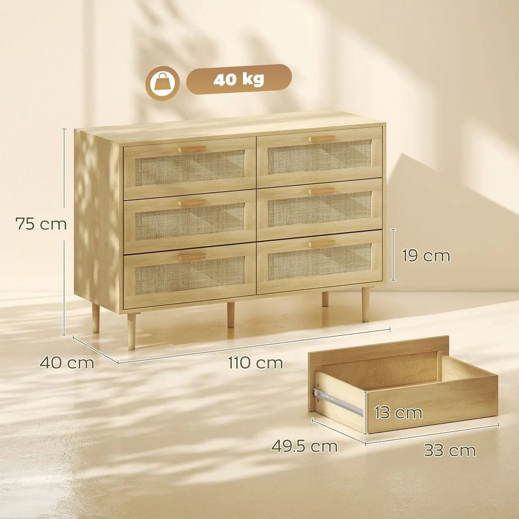 HOMCOM 6-Drawer Tall Chest of Drawers with Rattan Elements – Boho Bedroom and Living Room Storage Unit, Oak