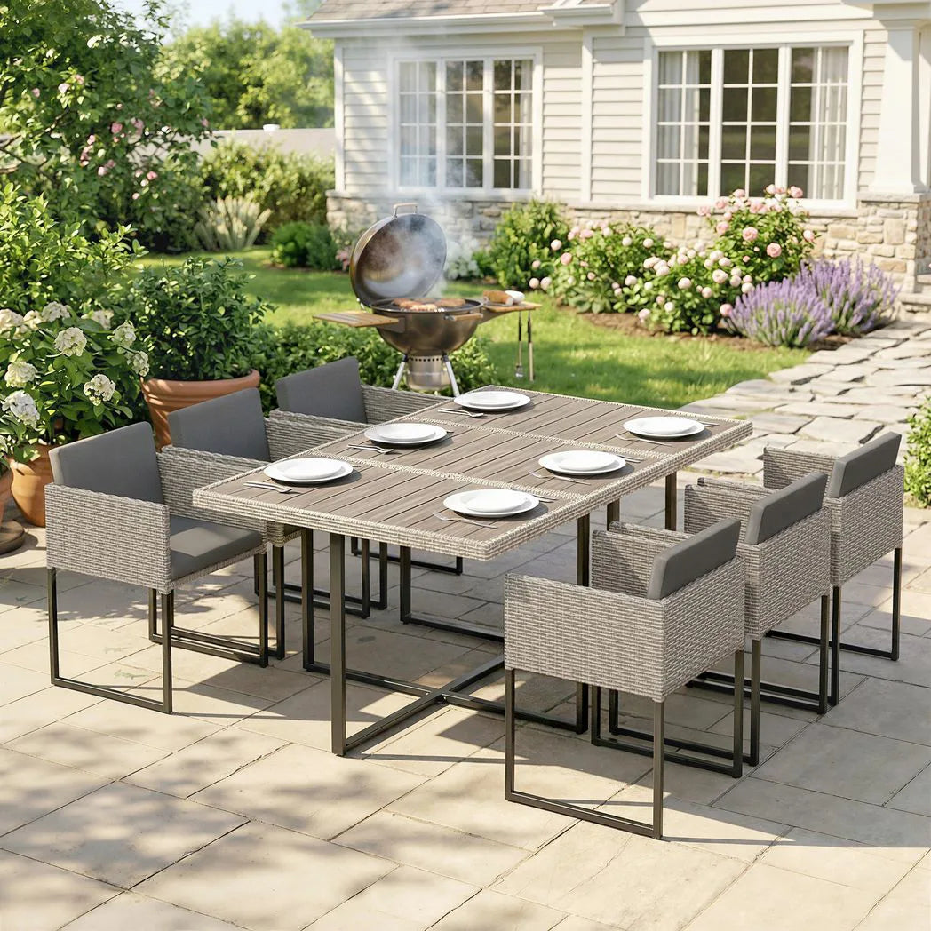 Outsunny 7 Piece Rattan Garden Dining Set with Wood-Plastic Table, 6 Stackable Chairs – Light Grey