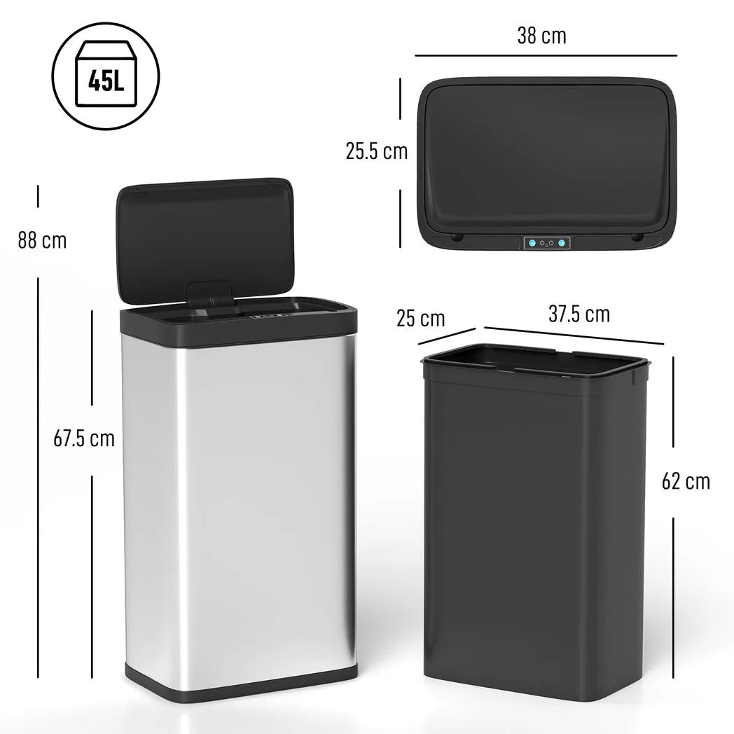 HOMCOM 45L Stainless Steel Sensor Bin with Soft-Close Lid and Removable Inner Bucket – Touchless Kitchen Bin