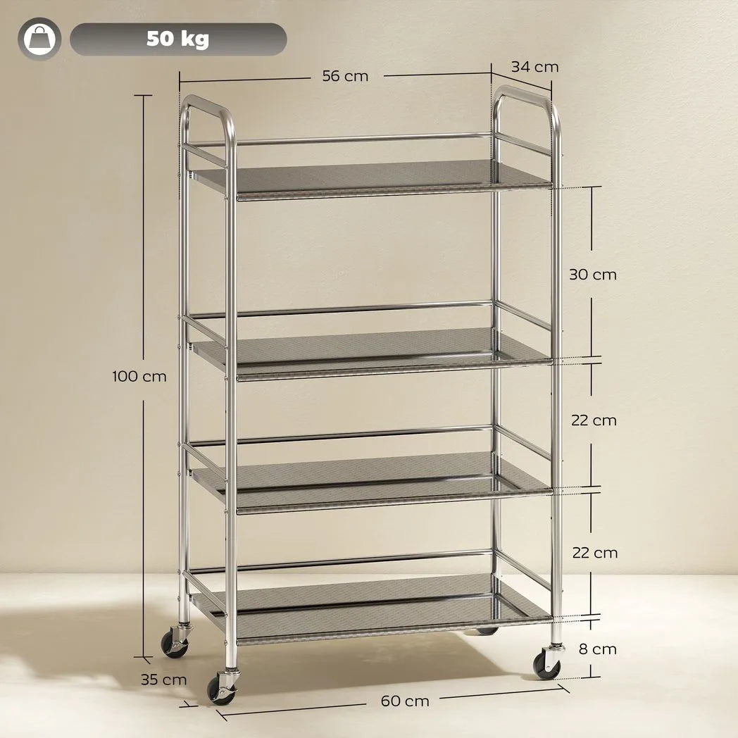 HOMCOM 4-Tier Stainless Steel Kitchen Storage Trolley with Adjustable Shelves and Lockable Wheels – Silver