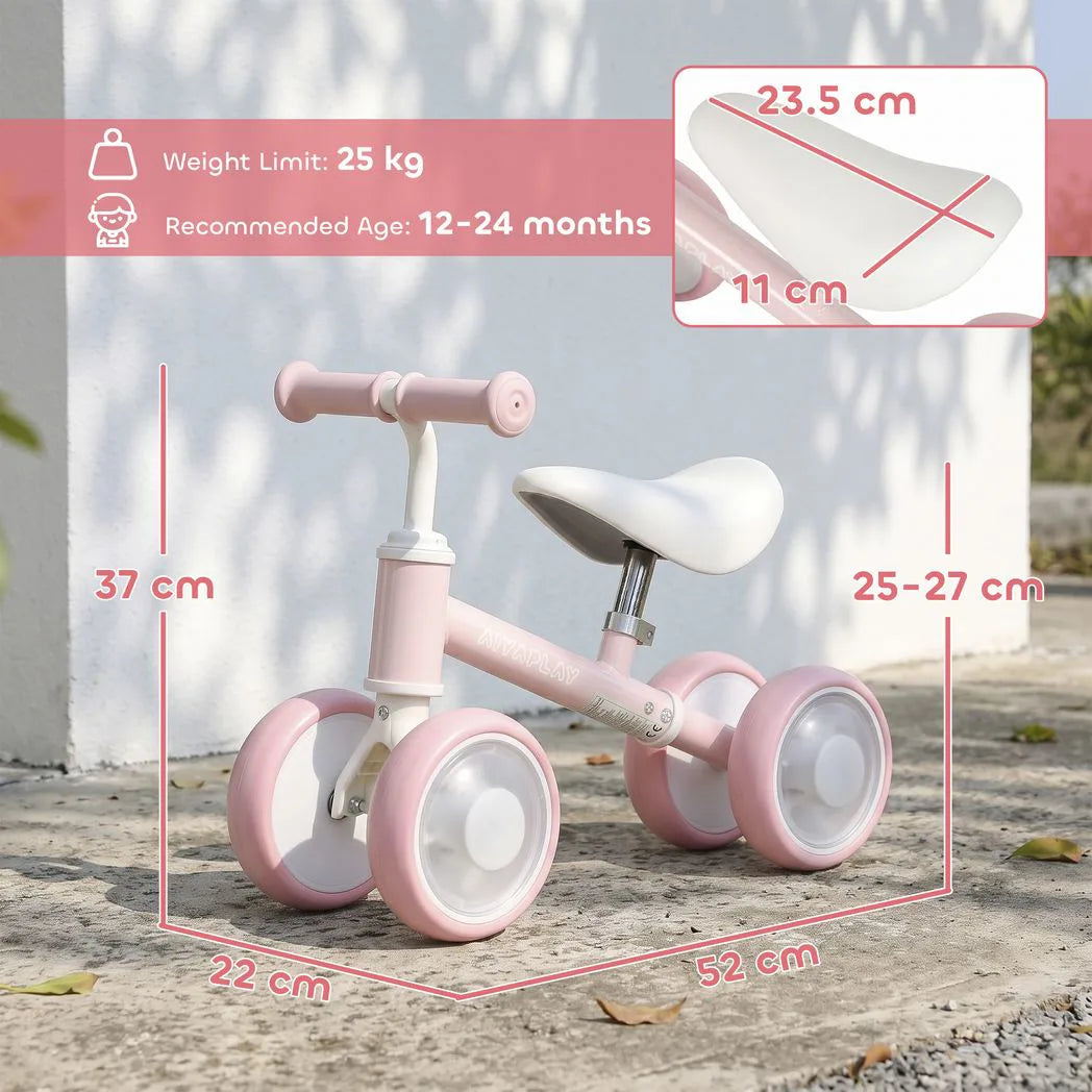 AIYAPLAY Baby Balance Bike for 1–2 Years with Four Light-up EVA Wheels and Adjustable Seat – Toddler Ride-On, Pink