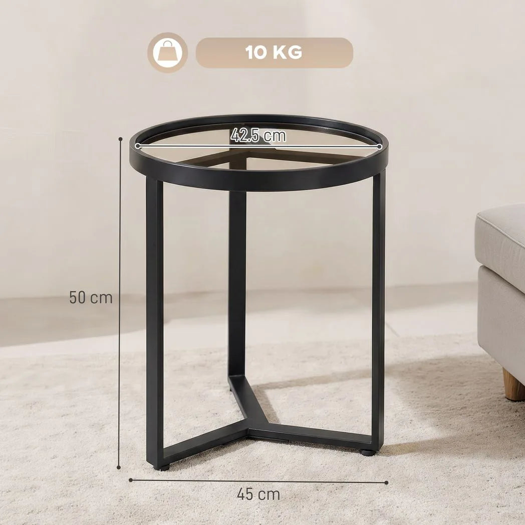 HOMCOM Round Side Table with Tempered Glass Top and Geometric Metal Frame – Compact End Table, Black