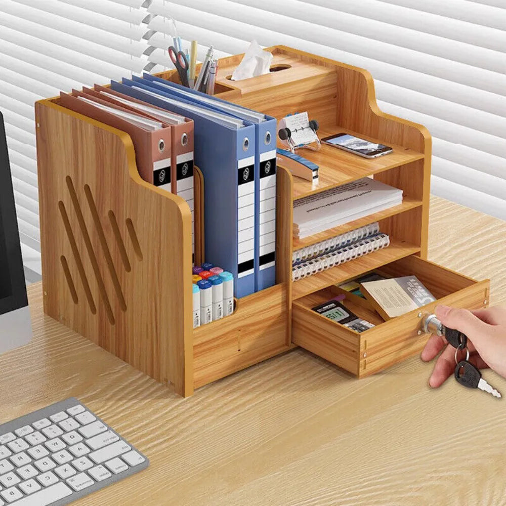 Wooden Desk Organiser – Tabletop Stationery Tidy Stand for Home and Office