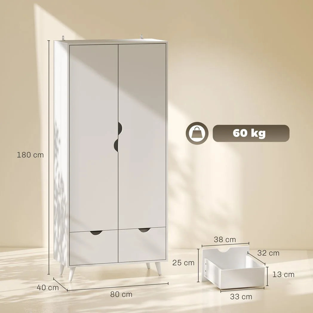 HOMCOM 2-Door Wardrobe with 2 Drawers, Hanging Rail and Wood Feet – Bedroom Clothes Storage with Anti-Tip Straps, White