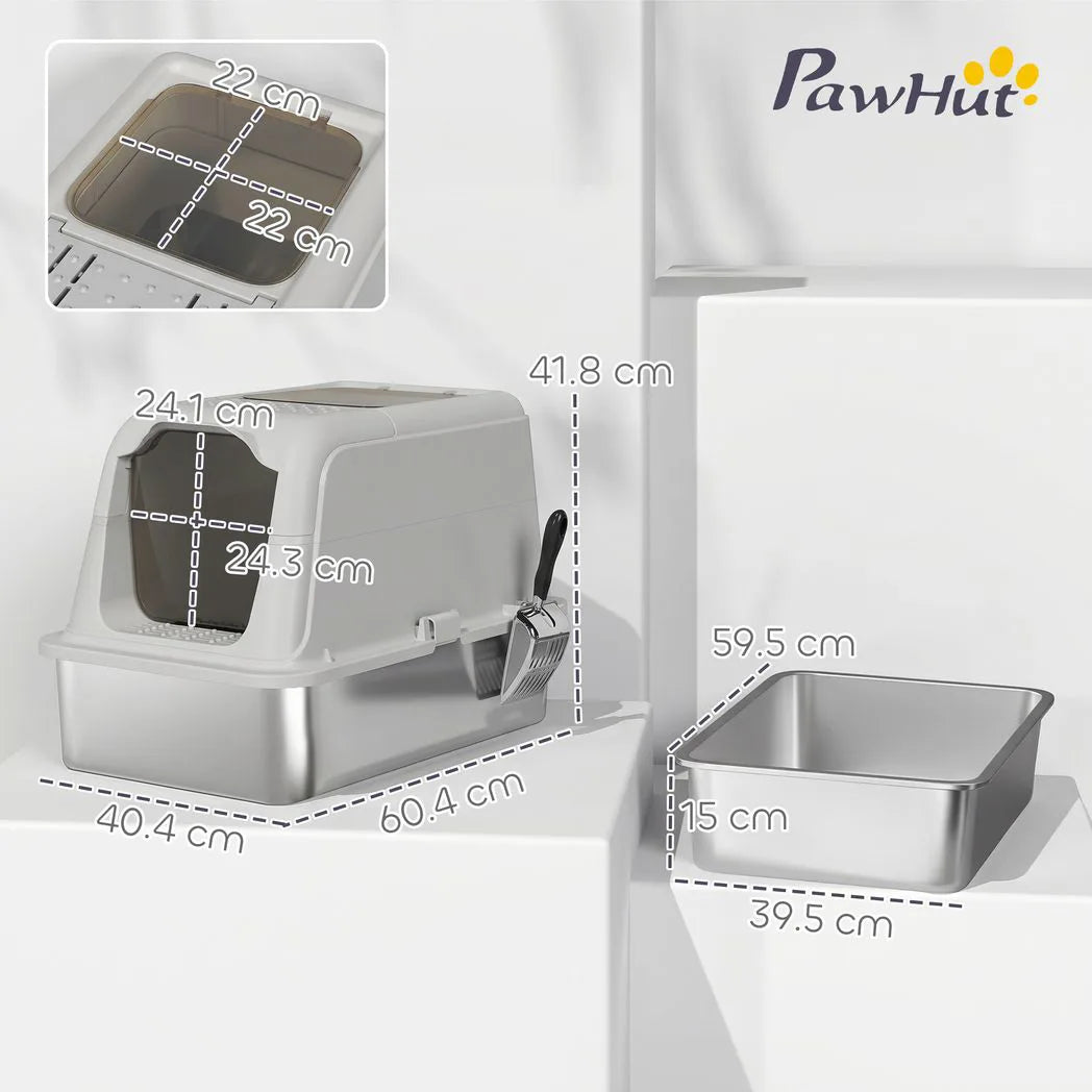 PawHut Extra Large Stainless Steel Enclosed Cat Litter Box with Scoop – Front-Entry and Top-Exit Tray