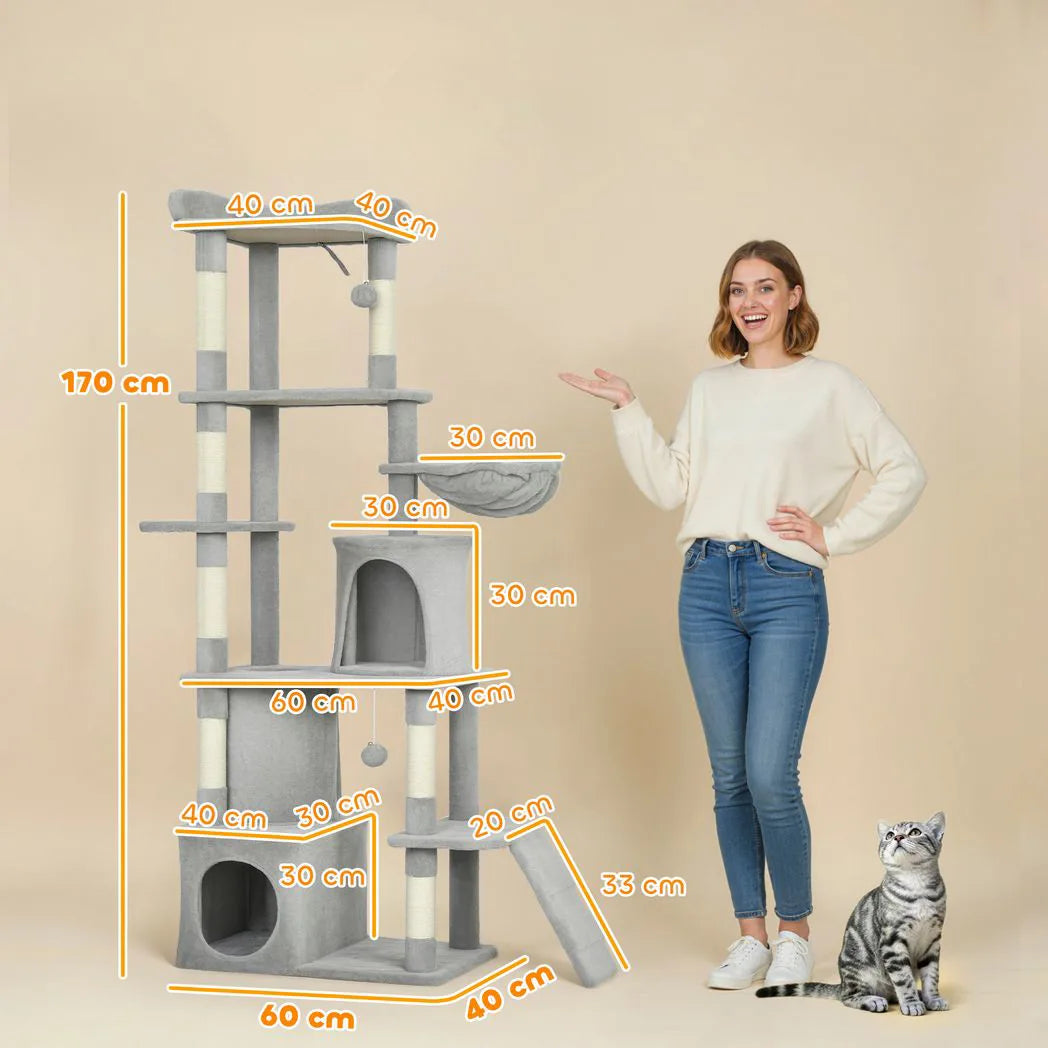 PawHut 170cm Large Cat Tree with 7 Scratching Posts, 2 Condos & Hammock – Multi-Level Cat Tower, Light Grey
