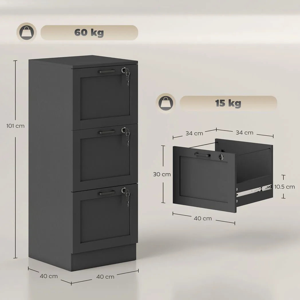 HOMCOM 3-Drawer Filing Cabinet with Lock & Adjustable Hanging Rails – Home Office Storage, Black