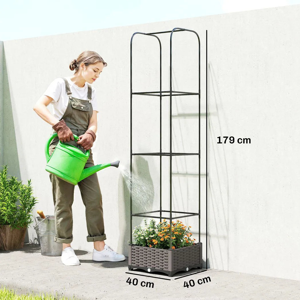 Outsunny Self-Watering Raised Garden Bed with Trellis, Plastic Planter Box with Drainage Plugs, 40 x 40 x 179cm