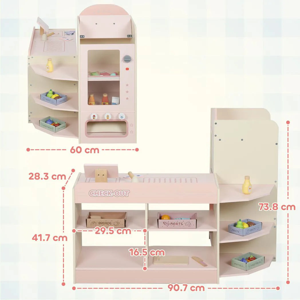 AIYAPLAY Kids Grocery Store Playset with Cash Register, Vending Machine & Shelves – Pretend Supermarket