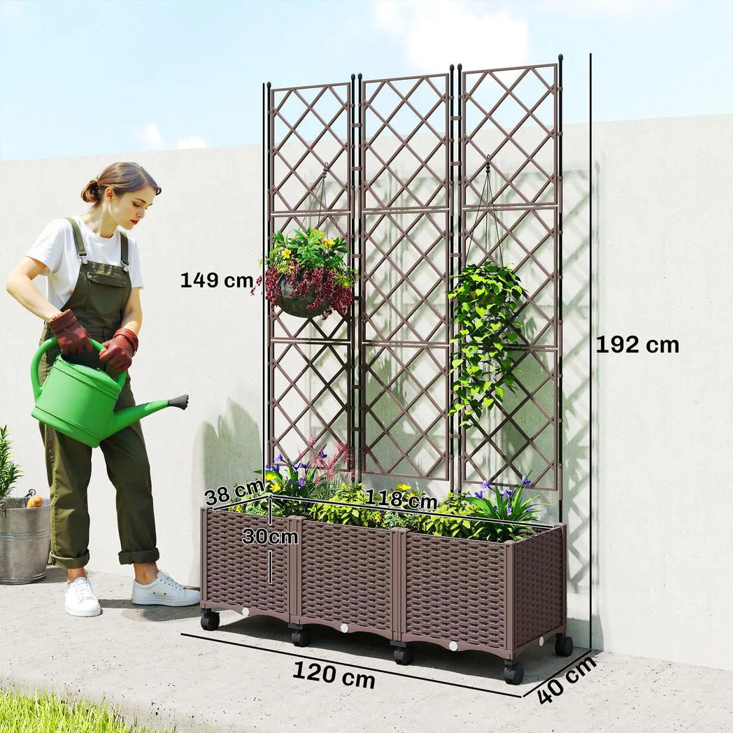 Outsunny Self-Watering Raised Planter with Trellis – Mobile Plastic Garden Bed on Wheels, 130L, 192cm