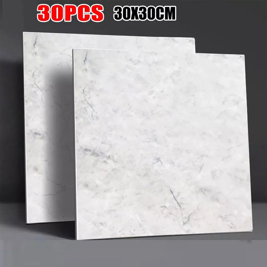 30 Pack Self-Adhesive PVC Marble Effect Tiles, 30 x 30 cm – Peel & Stick for Kitchen & Bathroom, Light Grey