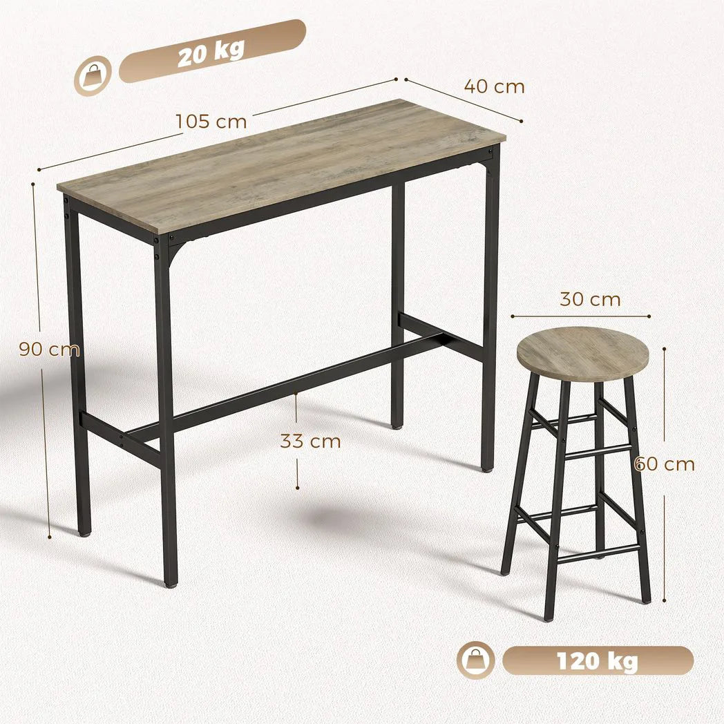 HOMCOM 5 Piece Industrial Bar Table Set with 4 Stools – Powder-Coated Steel Frame Dining Set, Grey Wood Effect