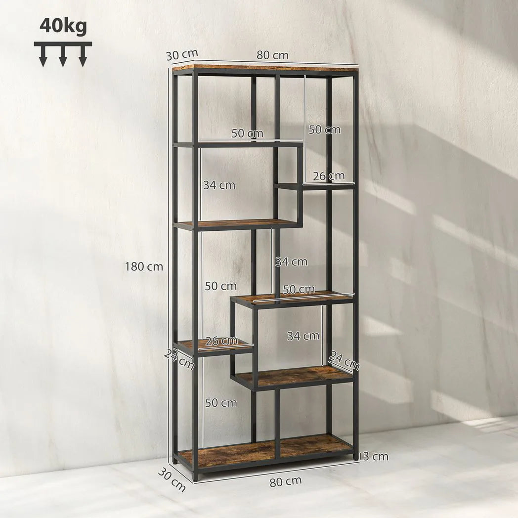 HOMCOM Seven-Tier Geometric Bookcase with Metal Frame & Anti-Tipping Straps – Asymmetrical Storage, Brown