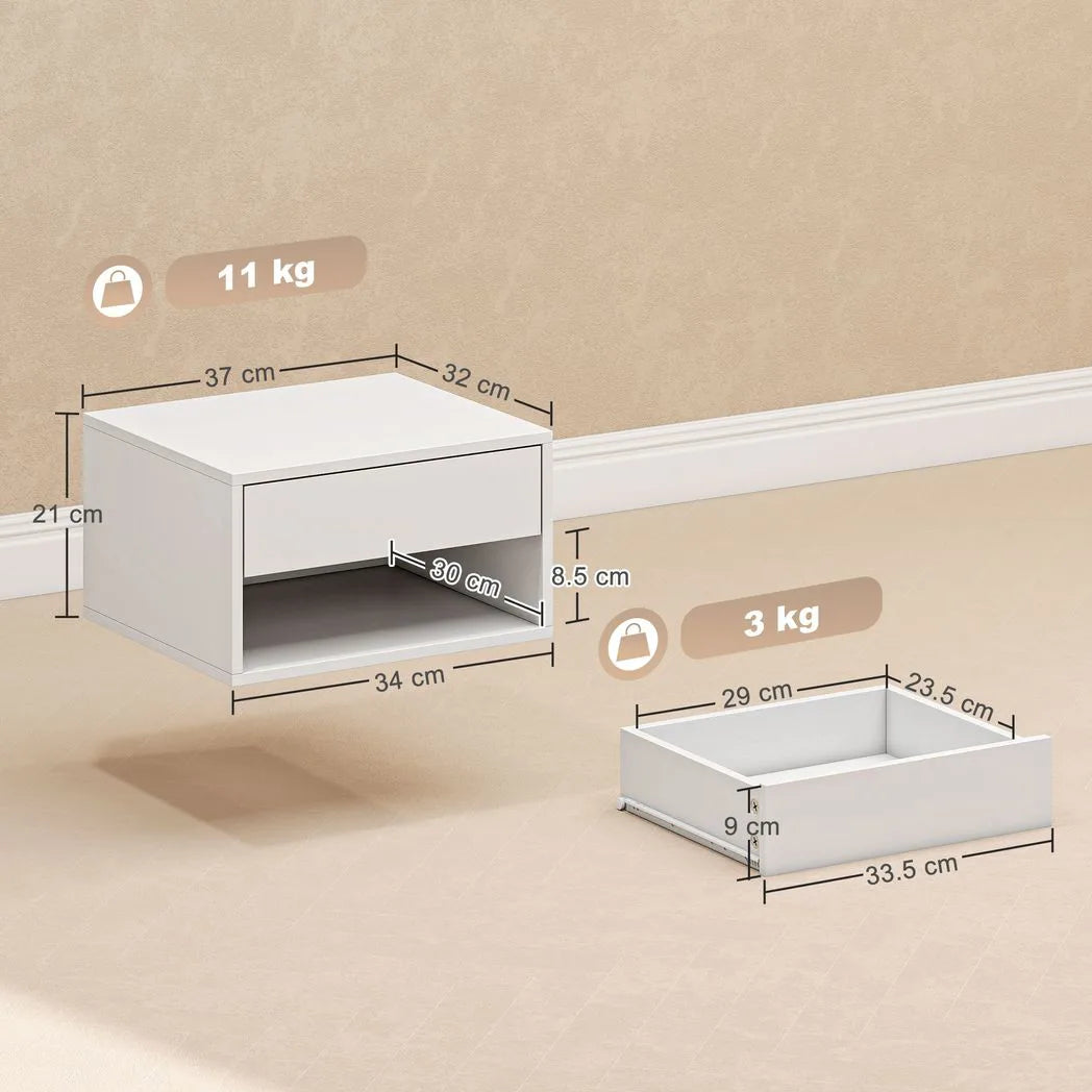 HOMCOM Set of 2 Floating Bedside Tables with Drawer and Shelf – Wall-Mounted Bedroom Storage, White