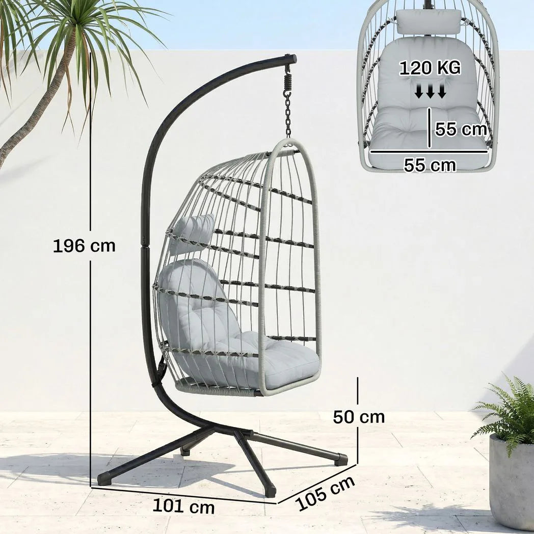 Outsunny Hanging Egg Chair with Stand – Indoor Outdoor Swing Chair with Foldable Basket, Cushions & Safety Strap, Light Grey