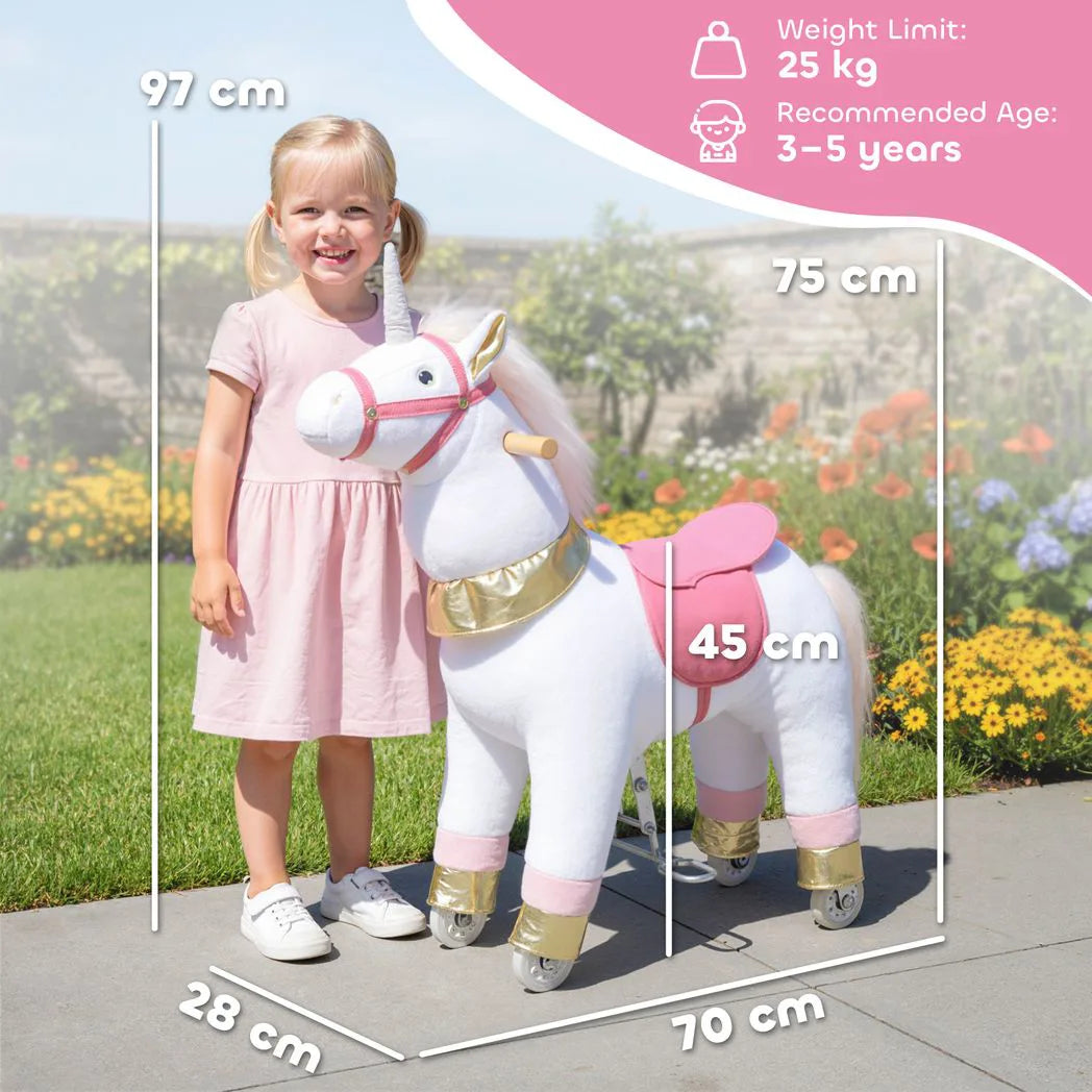 AIYAPLAY Kids Rocking Horse with Wheels & Pedals – Plush Walking Ride-On Unicorn Toy for Ages 3-5, White