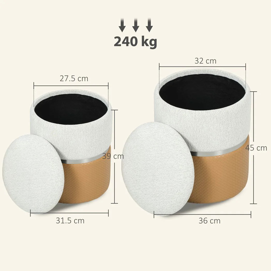 HOMCOM Set of 2 Nesting Round Storage Ottomans with Lift-Off Lids – Chenille and PU Leather, Cream and Brown