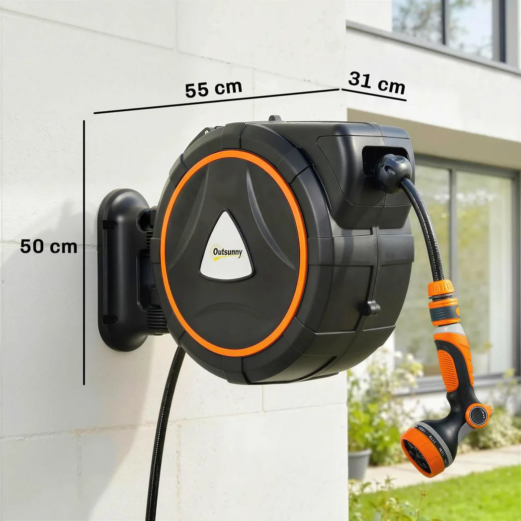 Outsunny 28m Retractable Wall-Mounted Hose Reel – Auto Lock, Slow Return, 12-Pattern Nozzles