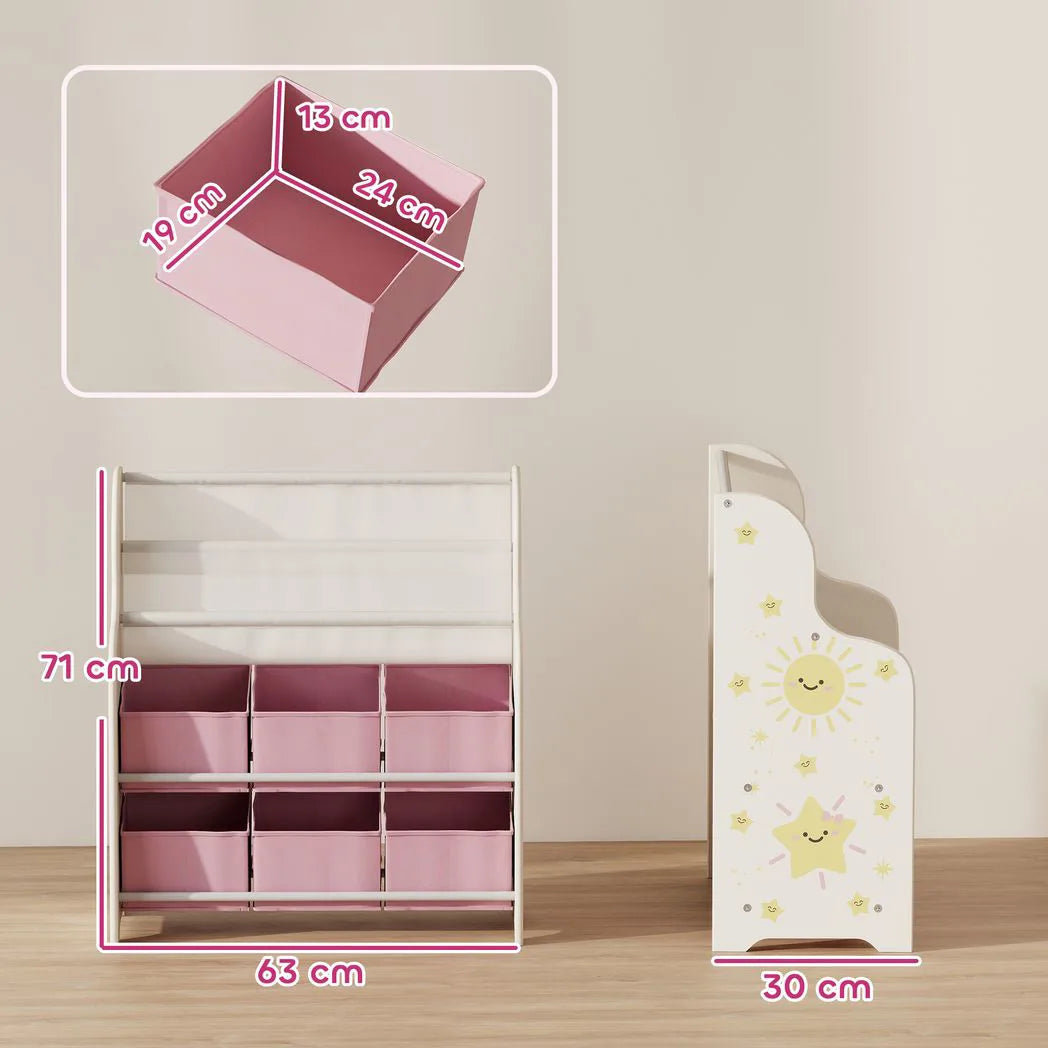 AIYAPLAY Kids Storage Unit with 6 Fabric Drawers & 2-Tier Sling Book Rack – Toy Organiser for Bedroom or Playroom, Pink
