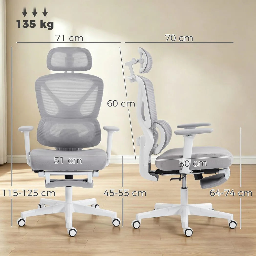 HOMCOM Ergonomic Office Chair with Adjustable Headrest, Lumbar Support & Legrest – Reclining Mesh Chair, Grey