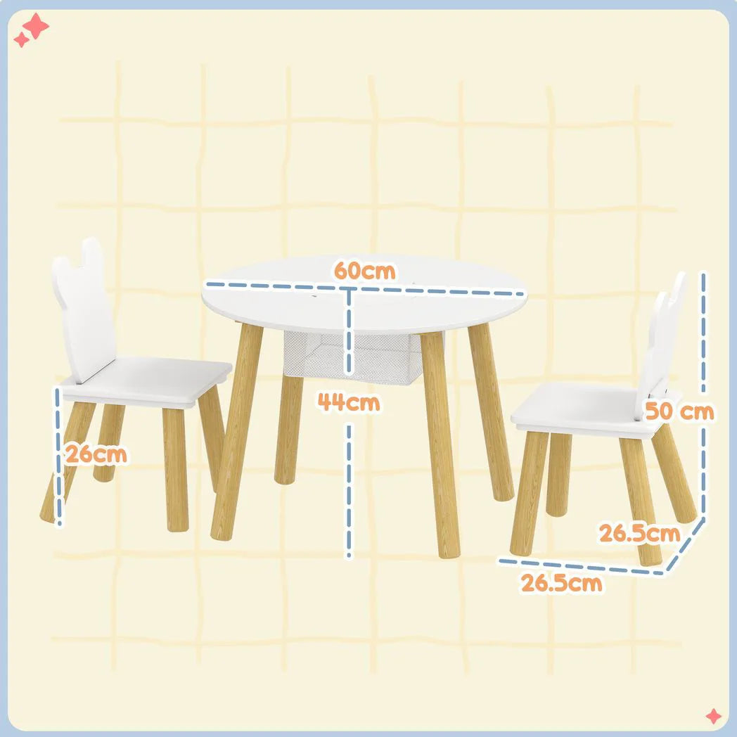 AIYAPLAY 3-Piece Kids Activity Table and Chairs Set with Storage Mesh Bag, Bear Backrests – White