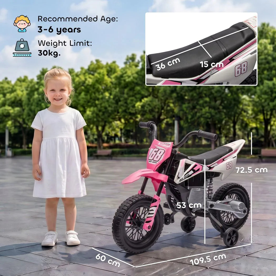 AIYAPLAY Kids 12V Electric Motorcycle with Training Wheels, Soft Start, Rear Suspension & Music – Ages 3-6, Pink