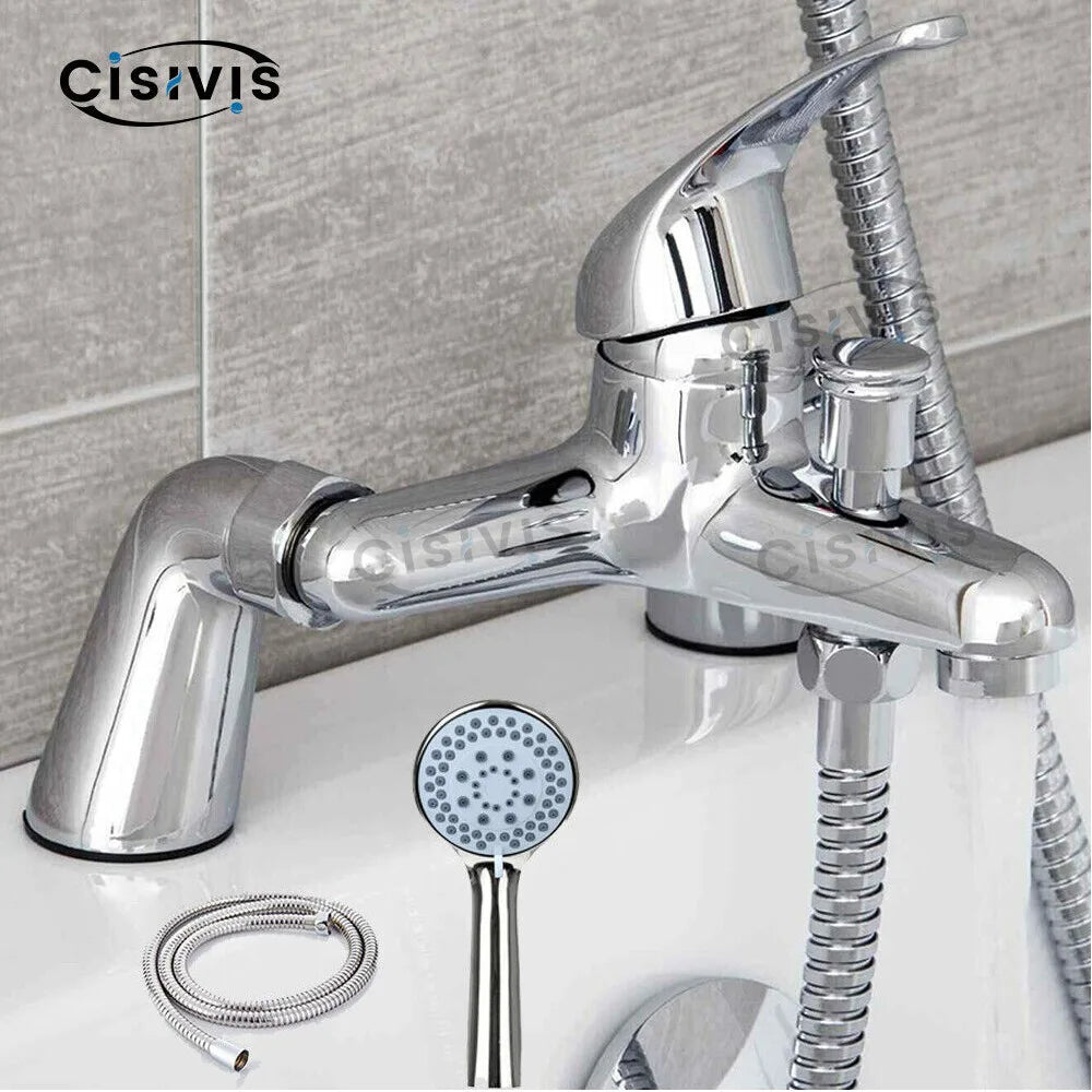Chrome Bath Shower Mixer Tap with Handheld Shower Set, Ceramic Discs – Deck Mounted Bath Filler