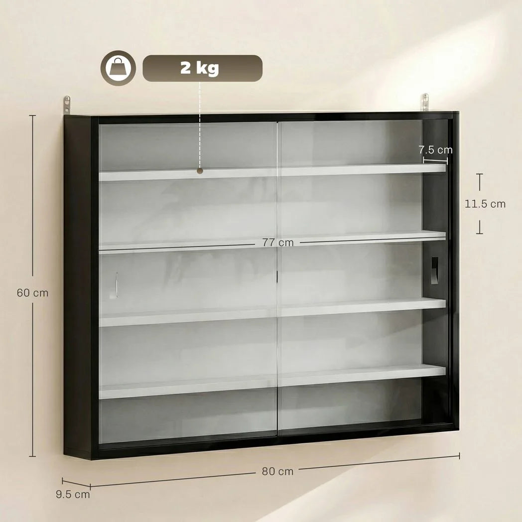HOMCOM 5-Tier Wall-Mounted Display Cabinet with 4 Adjustable Shelves & Glass Doors, 60 x 80cm – Black and White