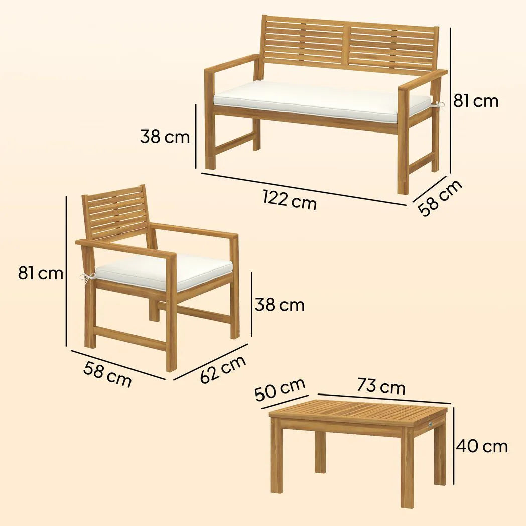 Outsunny 4 Seater Acacia Wood Garden Furniture Set with Loveseat, Armchairs, Table & Cushions – Garden Sofa Set, Cream White