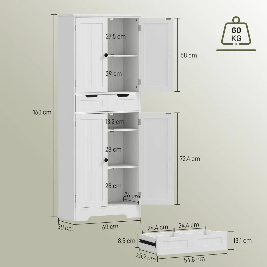 HOMCOM Tall Freestanding Bathroom Cabinet with Drawer, Shelves and Doors, 60 x 30 x 160 cm – White
