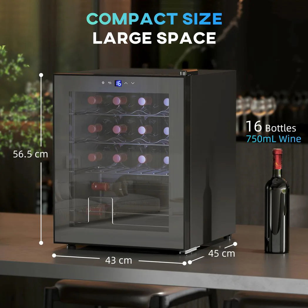 HOMCOM 42L 16-Bottle Wine Cooler Fridge with Glass Door, Touch Panel & Inner Lights – Wine Chiller, Black