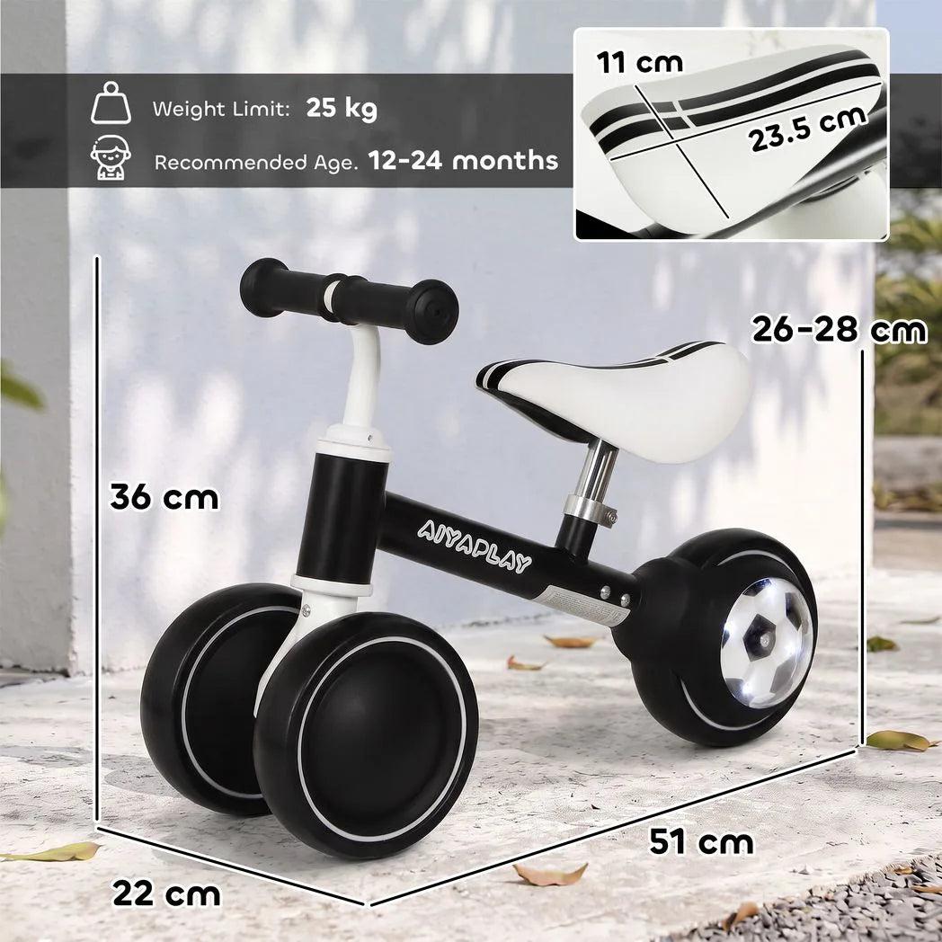 AIYAPLAY Balance Bike for Toddlers 1–2 Years with Adjustable Seat and Light-up Rear Wheels – Boys and Girls, Black